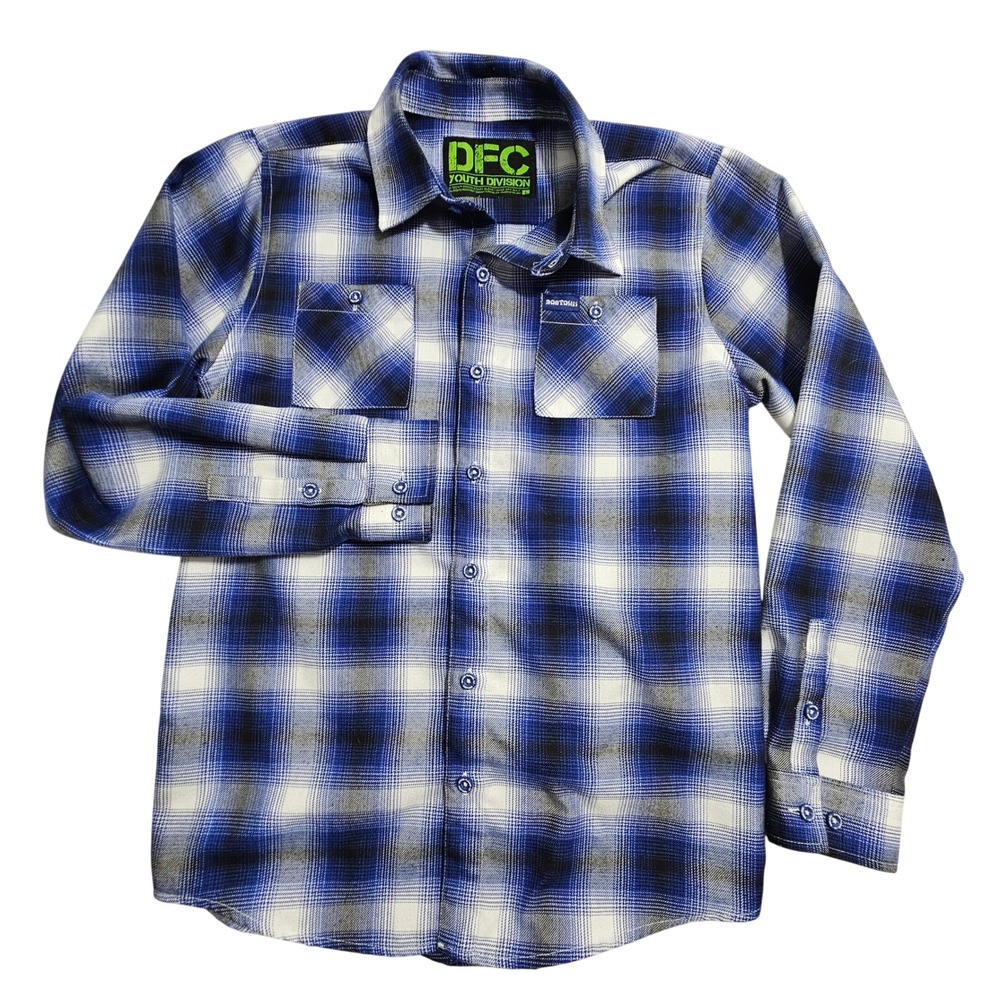 Dixxon Flannel Co Youth Dogtown Plaid Button Down Shirt Blue Black White Large